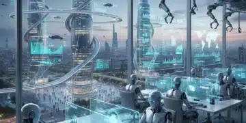 Oficina moderna con robots interactuando con ordenadores, simbolizando la automatización robótica de procesos (RPA) en empresas españolas.