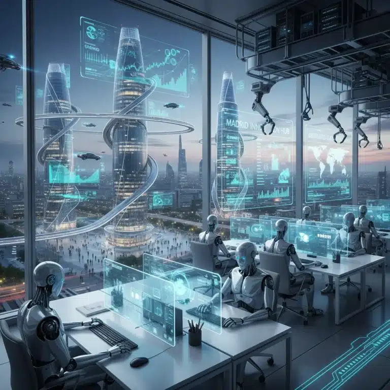 Oficina moderna con robots interactuando con ordenadores, simbolizando la automatización robótica de procesos (RPA) en empresas españolas.