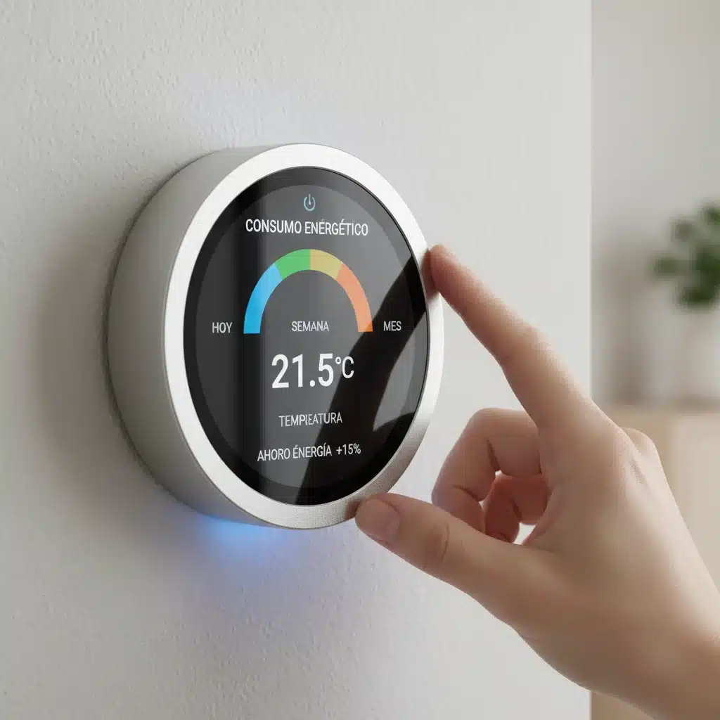 Termostato inteligente mostrando ahorro energético en el hogar