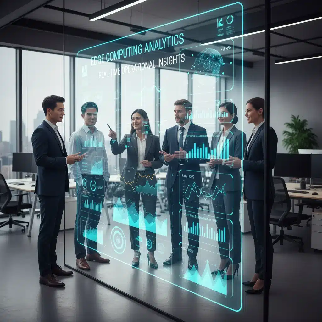 Profesionales observando un panel de control digital con análisis de datos en tiempo real, impulsado por Edge Computing.