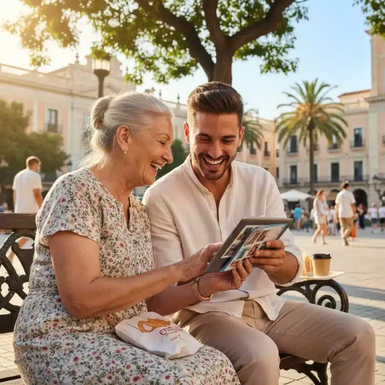 Mujer mayor y joven riendo juntos en un banco de parque, simbolizando amistad intergeneracional en España.