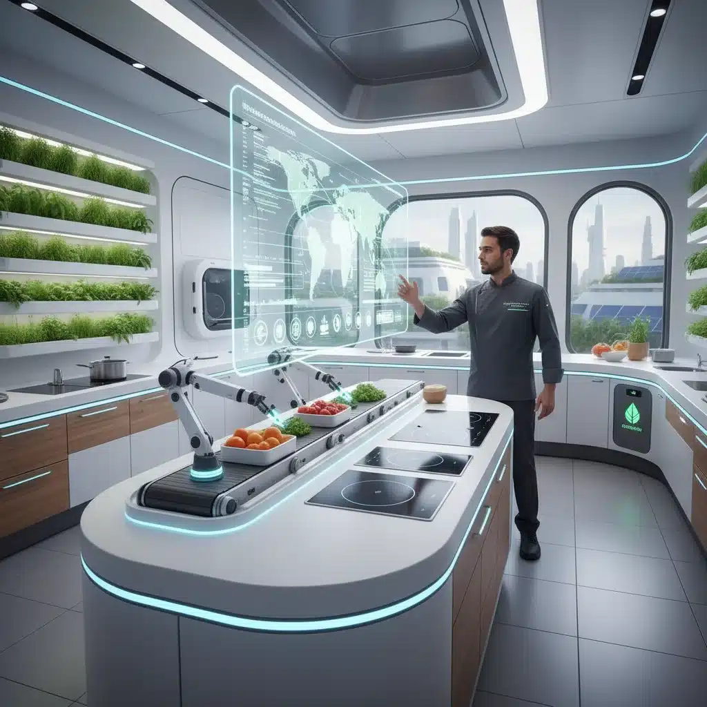 Cocina futurista con tecnología aplicada a la sostenibilidad y reducción de desperdicios en gastronomía