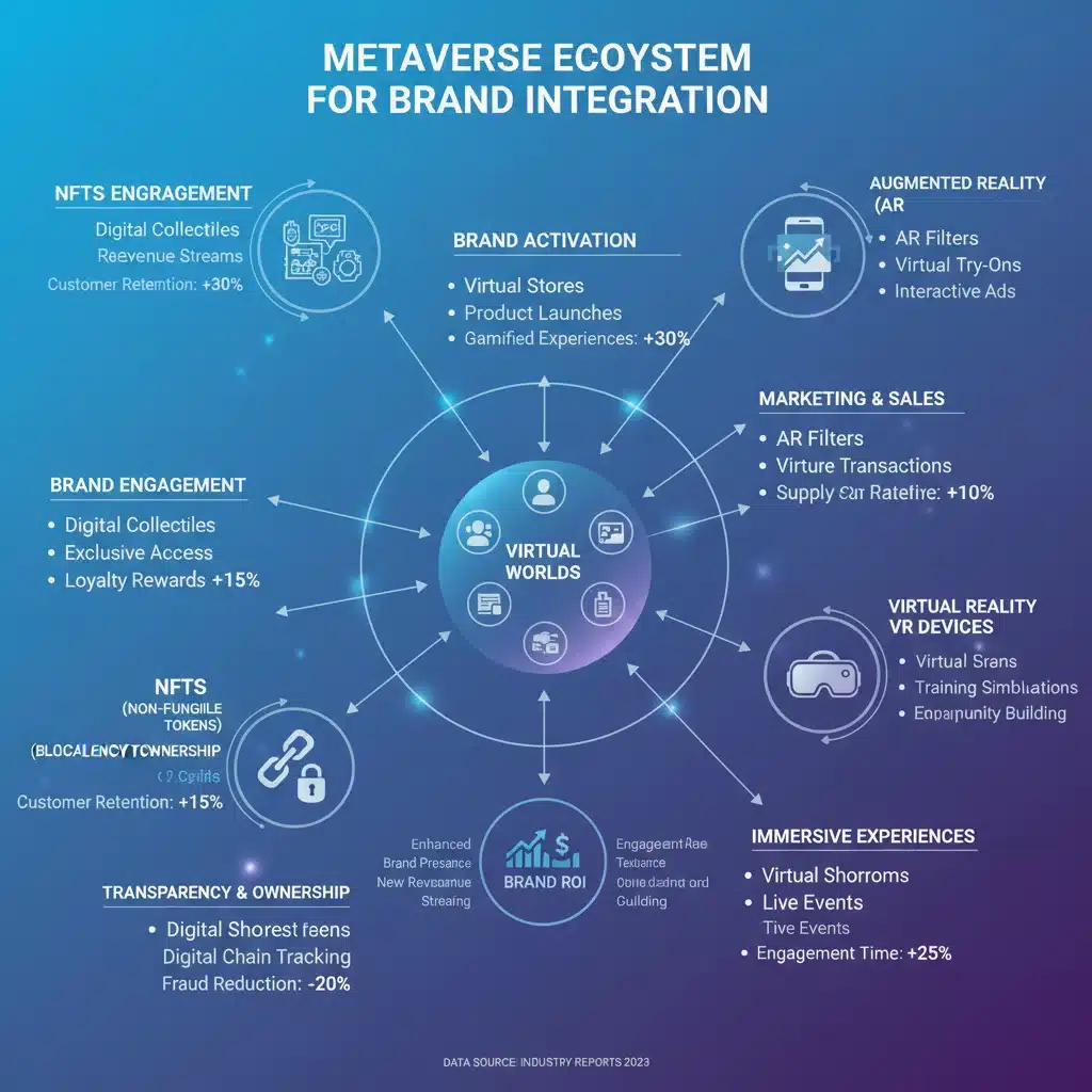 Infografía detallada del ecosistema del metaverso mostrando cómo las marcas pueden integrar NFTs, realidad virtual y blockchain para el engagement.