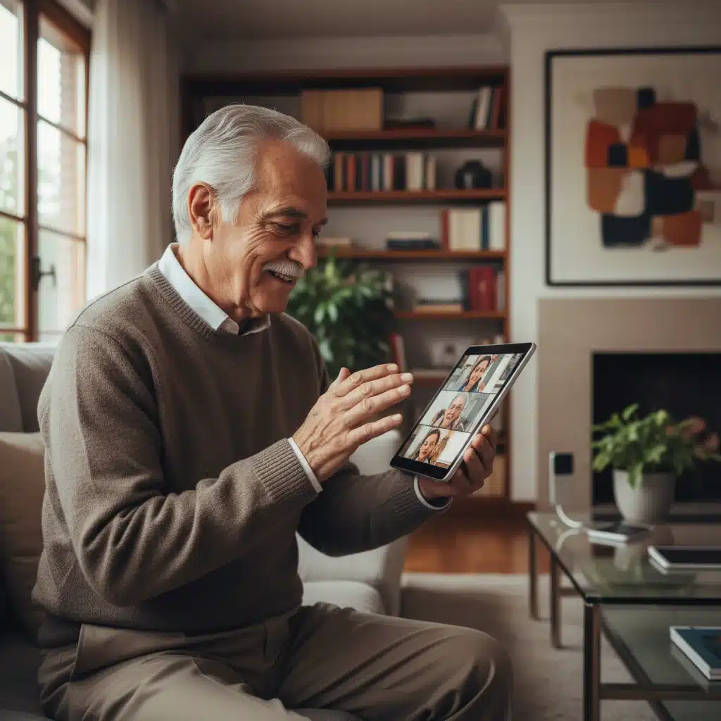 Hombre mayor español usando una tablet para videollamadas, demostrando adaptación tecnológica post-pandemia.
