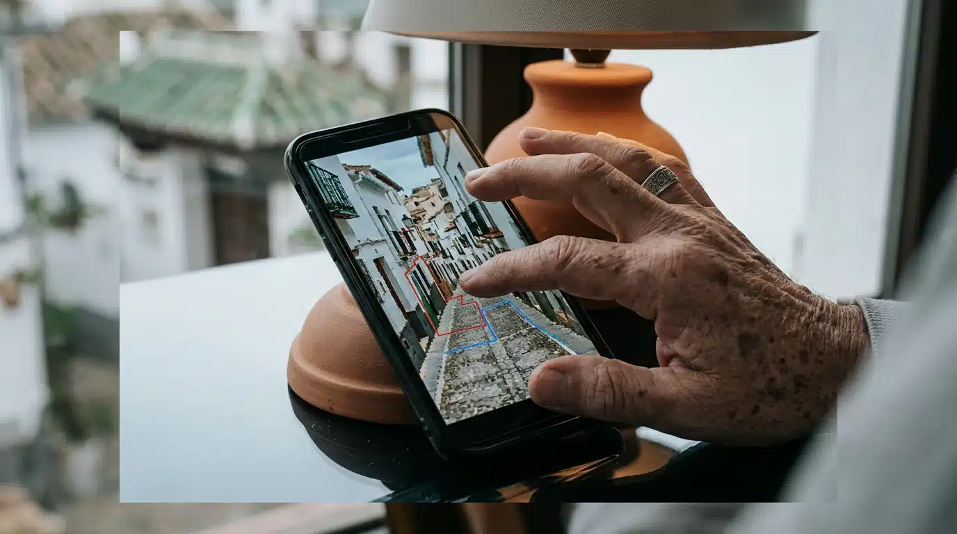Mano envejecida sosteniendo un smartphone con un mapa digital de un pueblo español histórico, fusionando tradición y tecnología en España.