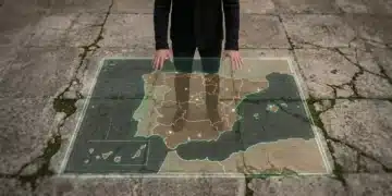 Persona interactuando con una proyección digital de un mapa medieval de España sobre un suelo de piedra antiguo, fusionando patrimonio cultural y tecnología para la preservación.