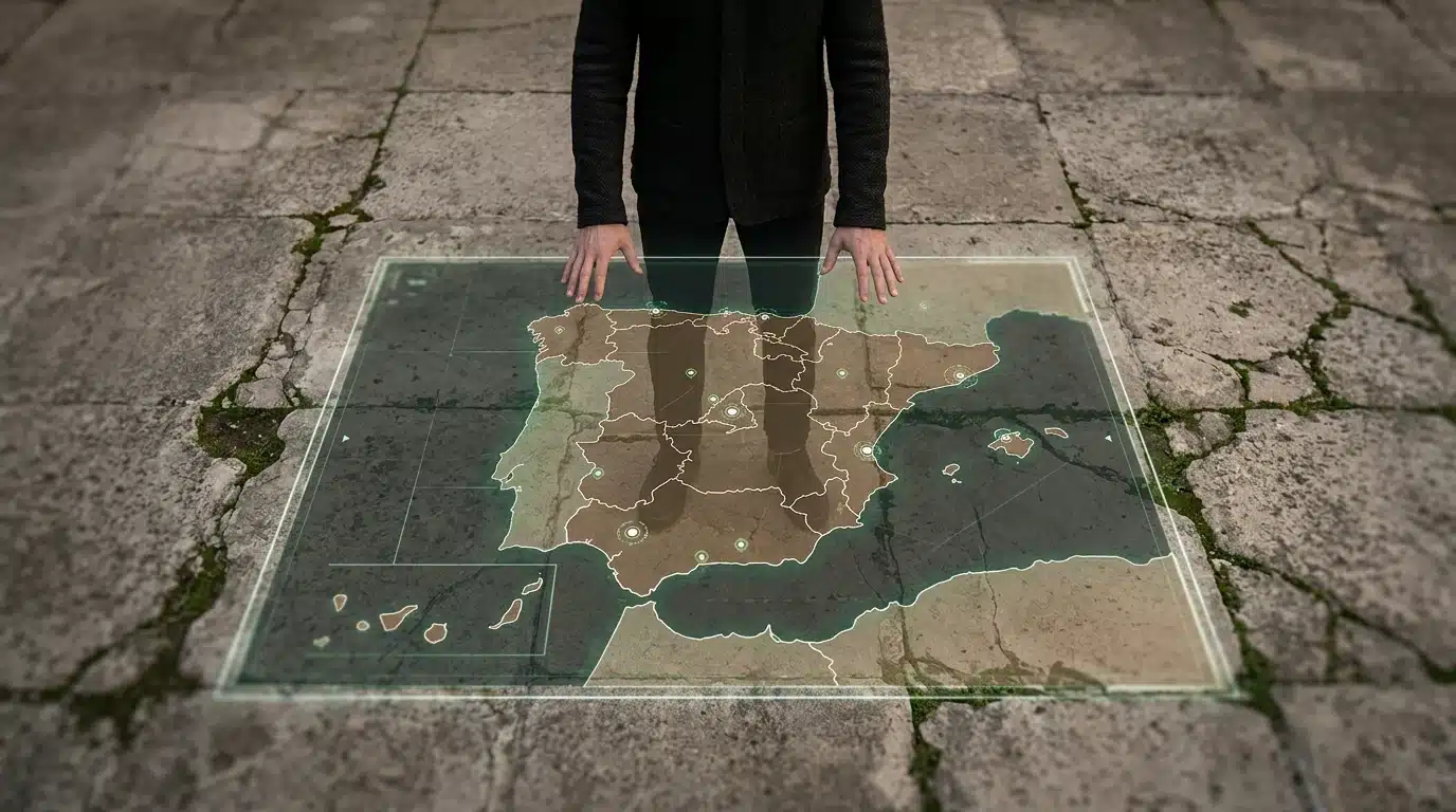 Persona interactuando con una proyección digital de un mapa medieval de España sobre un suelo de piedra antiguo, fusionando patrimonio cultural y tecnología para la preservación.