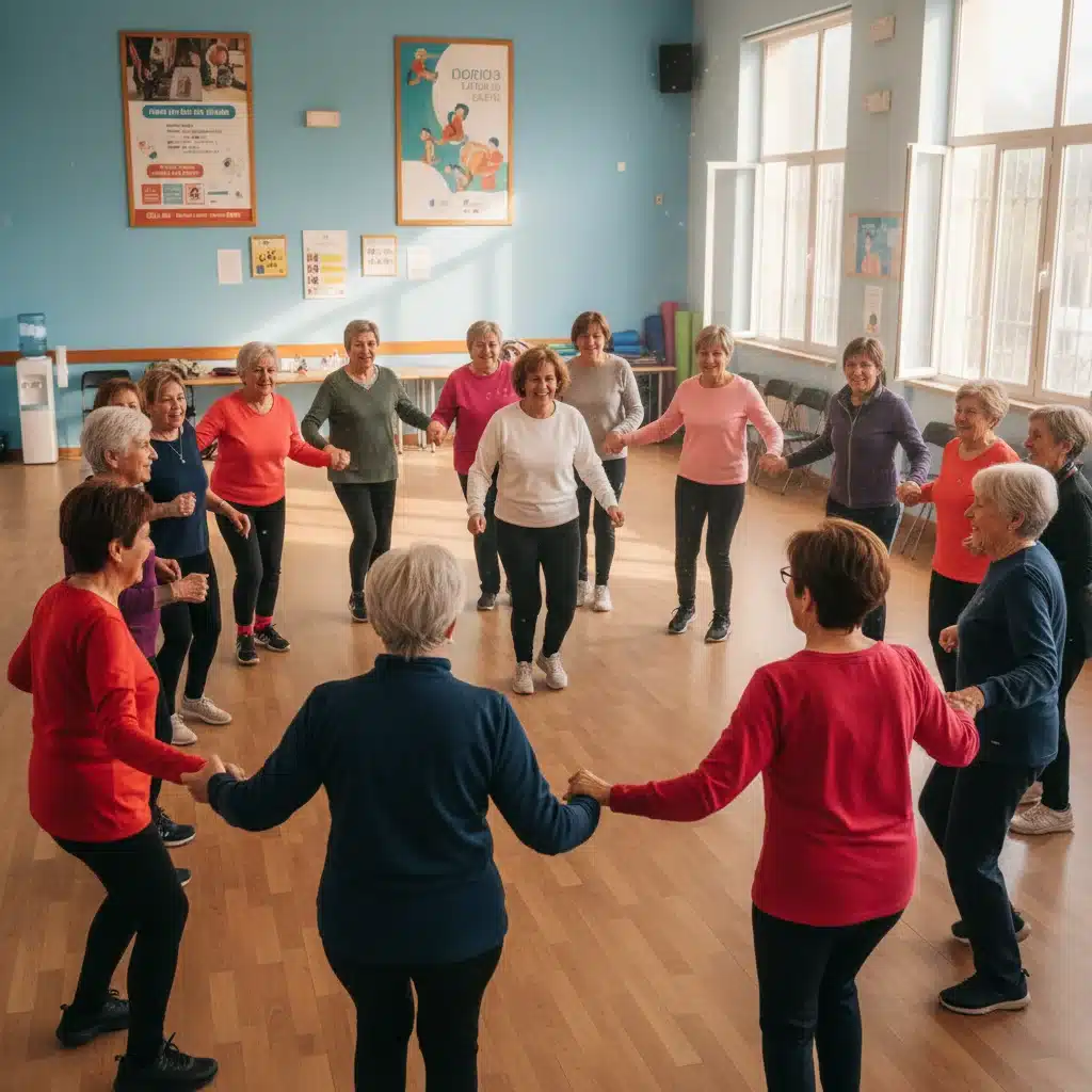 Grupo de personas mayores españolas riendo y bailando en una clase comunitaria, promoviendo la conexión social.
