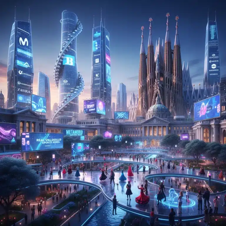 Metaverso vibrante con avatares interactuando y marcas españolas integradas en un paisaje digital futurista.